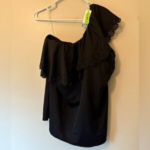Cacique Black One-Shoulder Swim Top with Lace Trim, Size 24 NWT